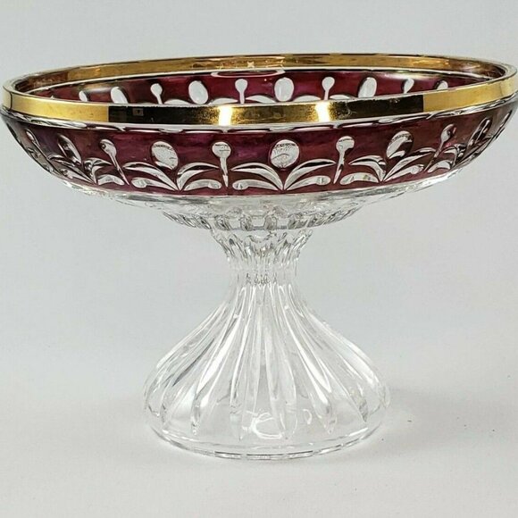 Vintage Anna Hutte Bleikristall Ruby Gold Compote Crystal Pedestal Footed Bowl - Picture 3 of 7